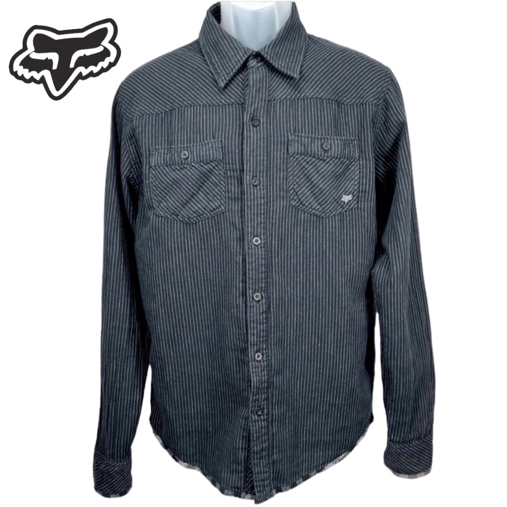 FOX Racing Black & Gray Pinstripe & Check &‎ Print Button Down Shirt Mens Medium
